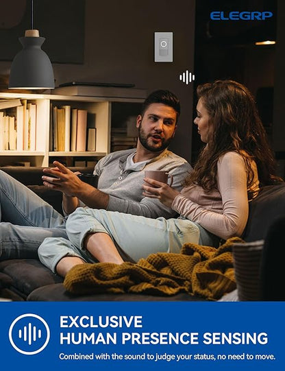 ELEGRP Smart Motion Sensor Switch, 2.4GHz Wi-Fi 3 Way Light Switch Compatible with Alexa & Google Assistant, APP Remote Control, Neutral Wire Required, UL Certified, No Hub Required (White, 2 Pack)