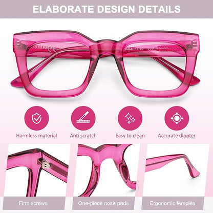 AQWANO Stylish Oversized Reading Glasses for Women Fashion Designer Readers Blue Light Square Computer Glasses