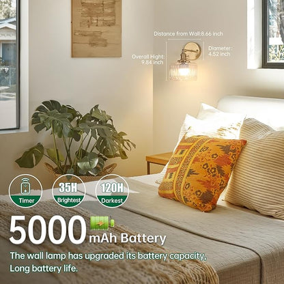 Vintage Battery Operated Wall Sconce with Clear Striped Glass Lampshade 5000 mAh Rechargeable Battery Powered Wall Light with Remote Control for Bedside Bedroom Doorway