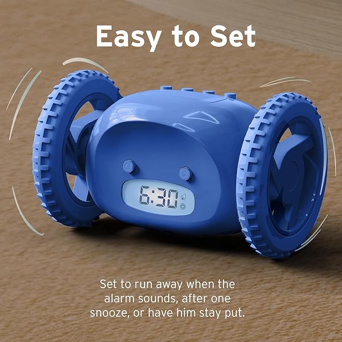 CLOCKY Alarm Clock on Wheels – Loud Rolling Alarm Clock for Heavy Sleepers | Runaway Clock That Jumps & Runs to Wake You Up | Funny Unique Gift for Adults, Teens & Kids Bedrooms (Blue)