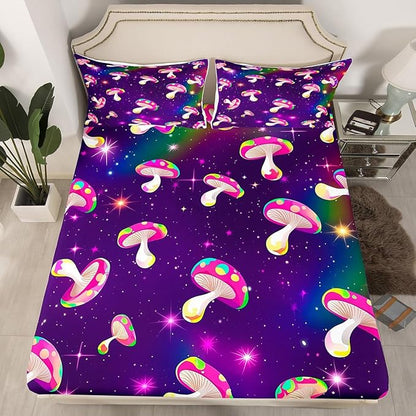Manfei Mushroom Sheet Set Full,Starry Sky Galaxy Universe Bed Sheet 4pcs with Deep Pocket Fitted Sheet + Flat Sheet + 2 Pillowcases Plant Botanical Theme Bedding Set for Kids Teens Room Decor,Purple