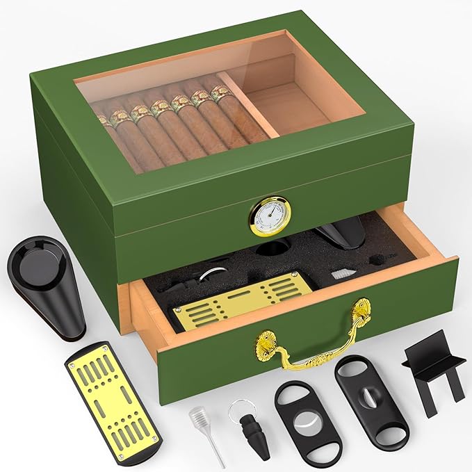 Cigar Humidor Box - Spanish Cedar Small Table Top Humidors for 20-50 Cigars with Accessories and Humidifier - Storage Drawer - Stylish Desktop Cigar Holder for Men - Portable Travel Case Emerald Green