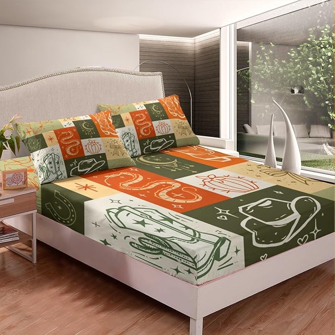 American Western Full Size Fitted Sheet,Boho Cowboy Boots Hat Bull Skull Gothic Snake 3 Pieces Kids Teenager Room Decor Retro Orange Beige Grids Patchwork Pocket 2 Pillowcases