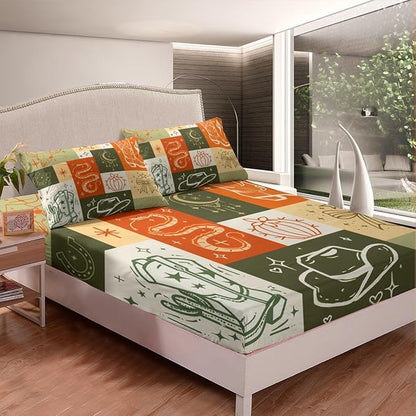 American Western Full Size Fitted Sheet,Boho Cowboy Boots Hat Bull Skull Gothic Snake 3 Pieces Kids Teenager Room Decor Retro Orange Beige Grids Patchwork Pocket 2 Pillowcases