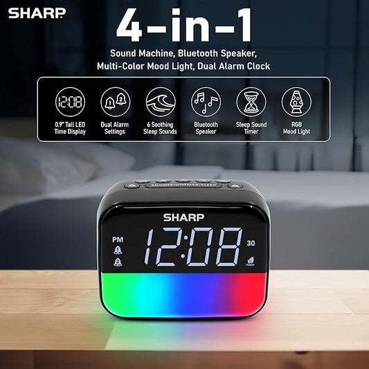 Sharp Multi-Color Bluetooth Alarm Clock with Sleep Sounds, RGB Night Light, Dual Alarms, LED Display with Dimmer, Snooze & Sleep Timer, Bedside Clock with Speaker