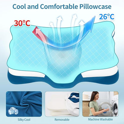 Cervical Neck Pillow for Sleeping - Ergonomic Pillow for Neck Pain Relief - Memory Foam Pillows with Cooling Pillowcase, Orthopedic Contour Neck Support Pillow for Side, Back and Stomach Sleepers
