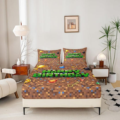 Pixel Game Boys Girls Bed Sheets,Happy Birthday Video Games Room Decor,Check Patchwork Geometric Kids Twin Size Fitted Sheet,Brown Bedding Set,1 Pillowcase(No Flat)
