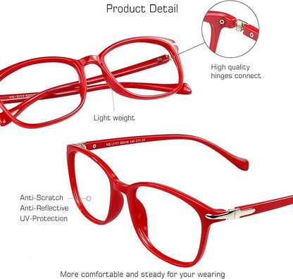 VisionGlobal Blue Light Blocking Glasses for Women, Anti Eyestrain, Computer Reading, TV Glasses, Stylish Square Frame, Anti Glare (Red, No Magnification)