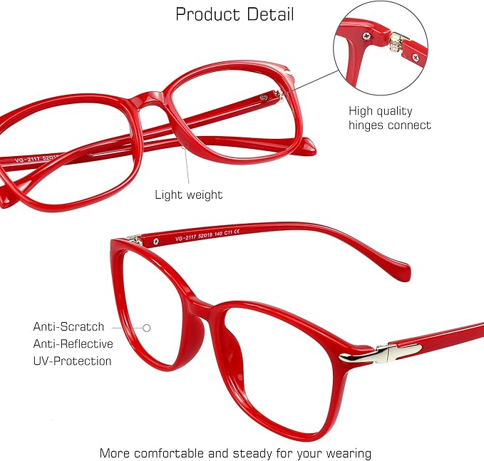 VisionGlobal Blue Light Blocking Glasses for Women, Anti Eyestrain, Computer Reading, TV Glasses, Stylish Square Frame, Anti Glare(Red,+4.50 Magnification)