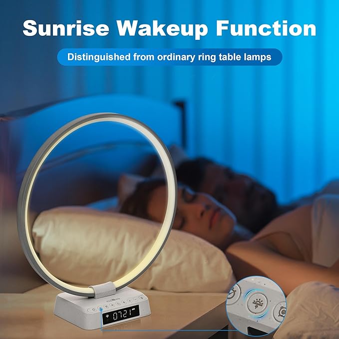 Sunrise Alarm Clock Wake Up Light - 3 Color LED Lamp with Sound & Light Awakening, Bioclock Adjustment, Ring Light Design for Bedroom Bedside