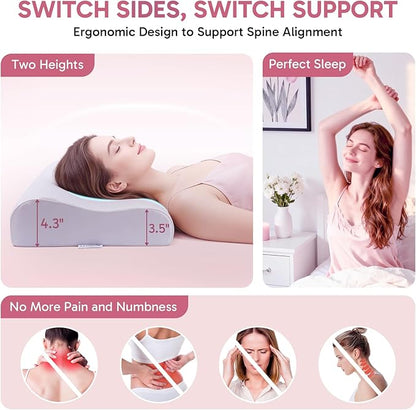 Ergonomic Memory Foam Pillow 2 heights: Mid-Low, Cervical Support Relieve Neck Back Pain, Breathable Cool Ice Silk Anti-Wrinkle Cover, SGS Certificates, for Side Back Stomach Sleeper, Queen Size