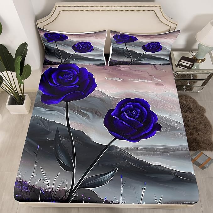 Manfei Blue Roses Fitted Sheet Set Full Size 4 Pcs,Aesthetic Natural Mount Paint Teens Sheets,Romantic Blooming Flowers Bedding Sets (1 Fitted,1 Flat,2 Pillowcases)