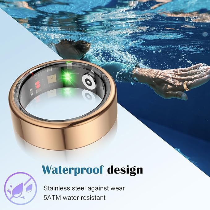 Smart Health Ring for Women Men,Fitness Tracker Smart Ring with Heart Rate,Sleep Monitor,Blood Oxygen,Steps,IP68 Waterproof Up to 5-7 Days Battery Life for iOS Android,No App Fee(Gold,8)