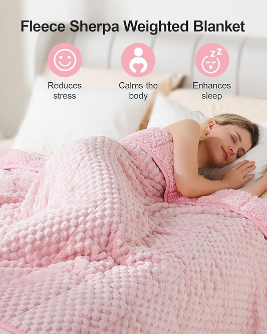 Super Soft Luxury Fleece Sherpa Weighted Blanket 15lbs for Adults, Turtle Shell Fluffy Cozy Warm Queen Weighted Throw for Winter, Ceramic Beads Washable Heavy Blankets for Couch Bed, Pink, 60" x 80"