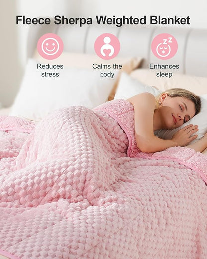 Super Soft Luxury Fleece Sherpa 20 lbs Weighted Blanket for Adults, Turtle Shell Fluffy Cozy Warm Queen Weighted Throw for Winter, Ceramic Beads Washable Heavy Blankets for Couch Bed, Pink, 60" x 80"