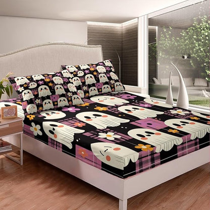 Cute Ghost Bed Sheet Set Home Decor Daisy Groovy Flowers Pink Plaids Patchwork Sheet Sets Deep Pocket,Happy Halloween Kawaii Ghosts Black White Mattress Cover,Twin Size with 1 Pillowcase