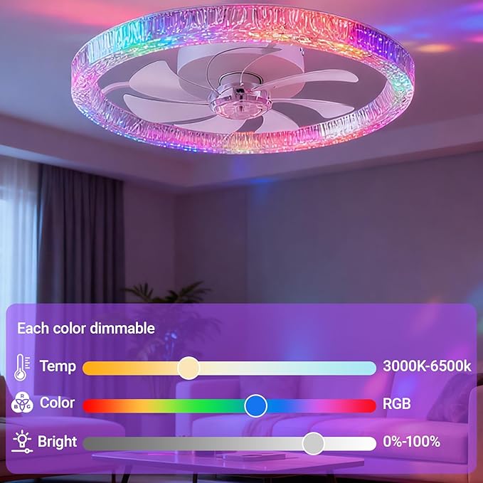 Ceiling Fans with Lights and Remote, 20" RGB Ceiling Fan with Voice/APP Control, 2 in 1 RGB+CCT Dimmable Flush Mount Smart Bluetooth Abanico De Techo for Bedroom, Kids Room and Living Room