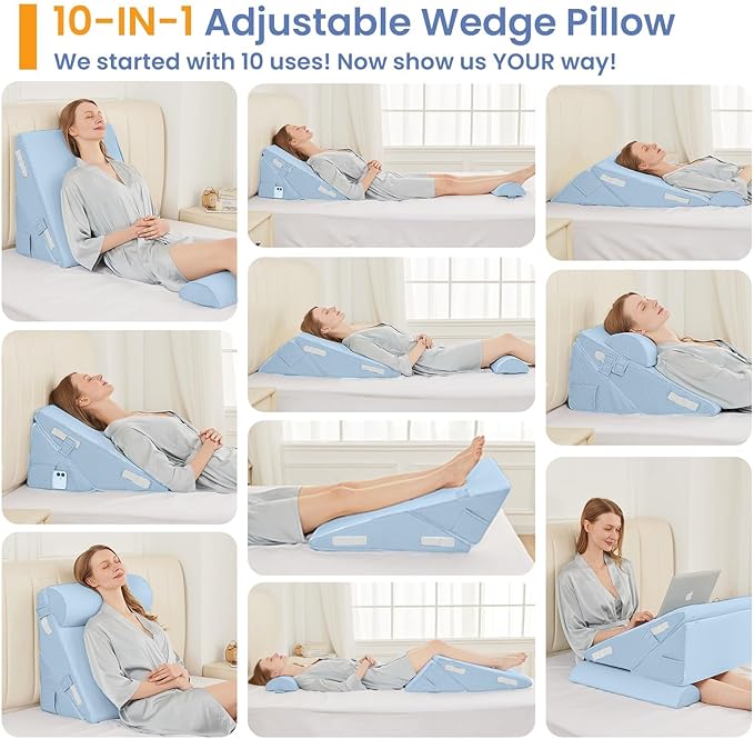 Sasttie Wedge Pillow Set for After Surgery, 2PCS Adjustable Bed Wedge Pillow Headboard with Memory Foam Neck Cushion – for Acid Reflux, Sleeping, Neck & Back Support, Blue