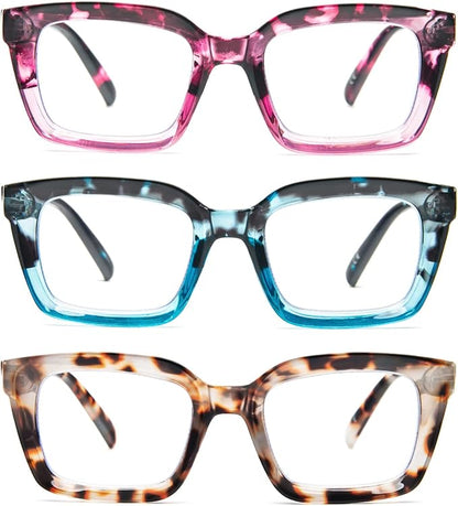DXYXYO Reading Glasses Blue Light Blocking Women Oversized Computer Readers 3 Pack Fashion Oprah Style Square, 1.0 Magnification