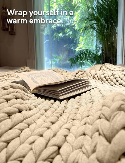 YnM Cotton Weighted Blanket, Handmade Chunky Knitted Design, Soft and Cozy, Temperature Regulating and Breathable, Machine Washable Throw for Sleep or Home Decor (Beige, 80x84 Inch, 35lbs)