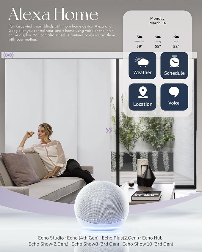 Graywind Rechargeable Smart Sliding Panels Compatible with Alexa Google Motorized Panel Track Blinds Remote Control for Patio Sliding Door Closet Door Width Up to 177" Custom Size (White)