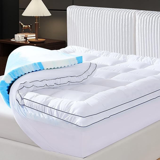 Full Dual Layer 4 Inch Memory Foam Mattress Topper, Relax Body, Relieve Pain and Aid Sleep - 2 Inch Fluffy Pillow Top Full Mattress Topper and 2 Inch Cooling Gel Memory Foam, 2X Support