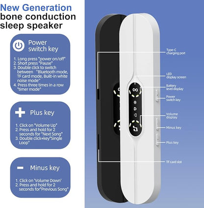 Hesond Pillow Speaker Bone Conduction Stereo Bluetooth Wireless Music Mini Portable Sleep Headphones Bar Sleep Speaker with LED Display White Noise Timer for Side Sleepers Supports TF Card (Black)