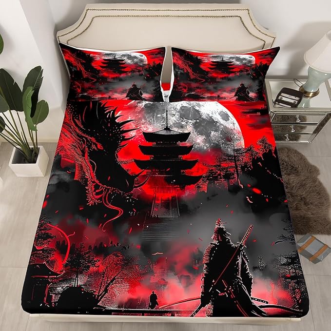 Manfei Western Dragon Kids Sheet King Size,Japanese Samurai Japan Ukiyo-e Style Scenery Bedding Set,Boys Girls Room Decor,Ancient Animal Red Black Bed Sheet Set 4pcs(Fitted + Flat + 2 Pillowcases)