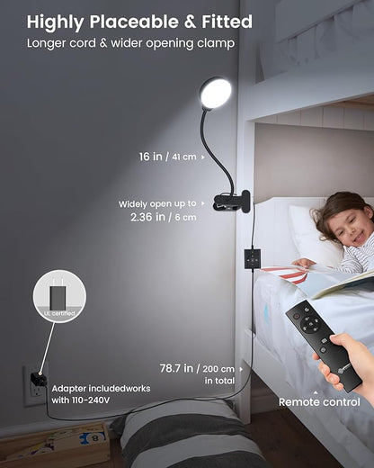 Glocusent 5W Reading Light for Bed, 36 LED Eye Caring Bed Lamp, 3 Colors & 5 Brightness Levels for Headboard with Adapter, Perfect Clip on Light for Reading, Working & Studying (Black with Remote)