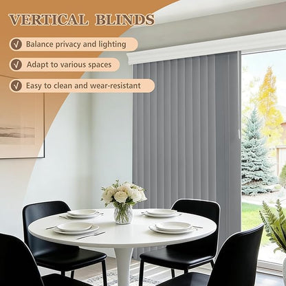 Cordless Vertical Blinds for Sliding Glass Doors, 3.5" Embossed PVC Slats with Matching Valance, Blackout Safety Window Treatment for Patio Door, Bedroom, Office, Custom Cut to Size, Strips Grey