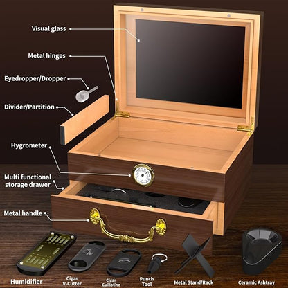 Spanish Cedar Cigar Humidor Box with Accessories and Humidifier - Glass Cover and Storage Drawer - Desktop Cigar Holder for Men - Portable Travel Case - Small Table Top Humidors for 20-50 Cigars