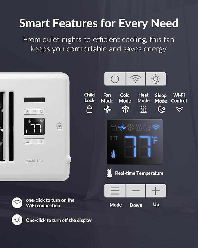 Super Quiet Register Booster Fan for 4" x 10" Register Holes, Smart Register Vent with Dual Intelligent Thermostat and WIFI App Control, Heating Cooling AC Vent Fan (White)