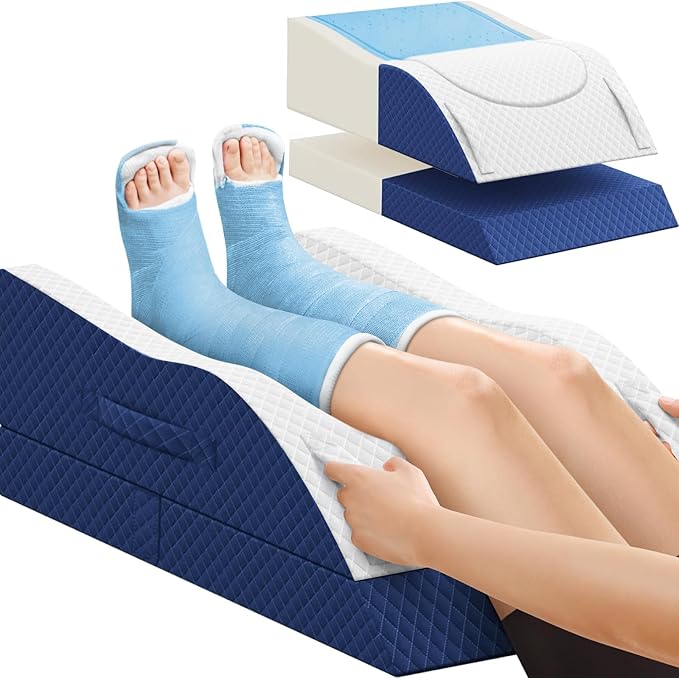 Leg Pillow, Leg Elevation Pillow with Pad and Memory Foam, Height Adjustable Bolster Pillow for Legs, Leg Pillow Elevation Blood Circulation, for Post-Surgery, Blue & White