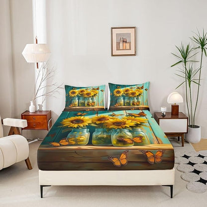 Sunflower Kids Twin Size Fitted Sheet,Flower Farmhouse Floral Boys Girls Bed Sheets,Rustic Butterfly Wooden Room Decor,Yellow Green Bedding Set,1 Pillowcase(No Flat)