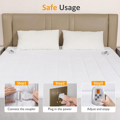 Electric Heated Mattress, Bed Mattress Pad with Dual Controller, Full Bed Warmer with 12-Hour Timer & 10 Heat Settings, Machine Washable, 78" x 80",White, King
