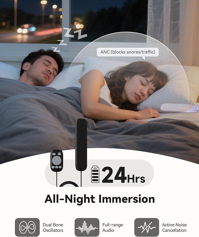 Under Pillow Speaker Bluetooth, 36 Built-in Soothing White Noise Sleep Sound Machine with Wired Remote, Bone Conduction, 3 Timer, 24H Battery for Side Sleeper, Office Nap & Travel Essential