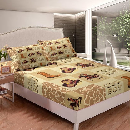 Cowboy Fitted Sheet Retro Horse Riding Western Tribal Boots Hats Bed Sheet Set for Kids Children Teens Rustic Cow Fur Brown Plaids Patchwork Bed Cover Toddler Bedroom Decor,Twin Size
