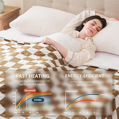 Homemate Electric Blanket Heated King Size - 100“x90“ Ultra Soft Cozy Flannel Heating Blanket with 10 Fast Heat Levels 8 Hours Auto Off Over-Heated Protection ETL Certification Keep Warm in Home