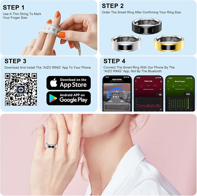 Smart Health Ring for Women Men, Vibration Alert, Touch Control, Fitness Tracker Ring with Sleep/Women's Health/Heart Rate/Steps, IP68 Waterproof for iPhone and Android, Gold 9, No Subscription
