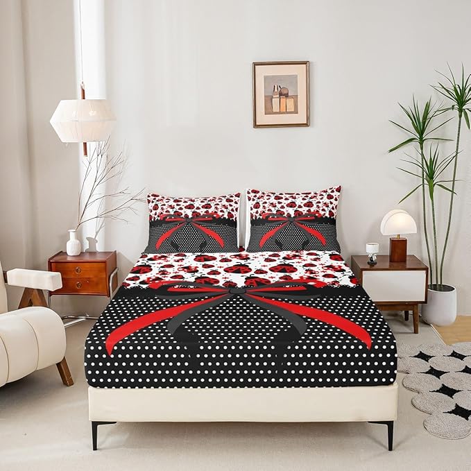 Manfei Red Black Bowknot Kids Sheet Full Size,Ladybug Ladybird Beetle Insect Rustic Girls Boys Bedding Set Decor,Geometric Polka Dots Bow Tie Cute Bed Sheet Set 4pcs(Fitted + Flat + 2 Pillowcases)