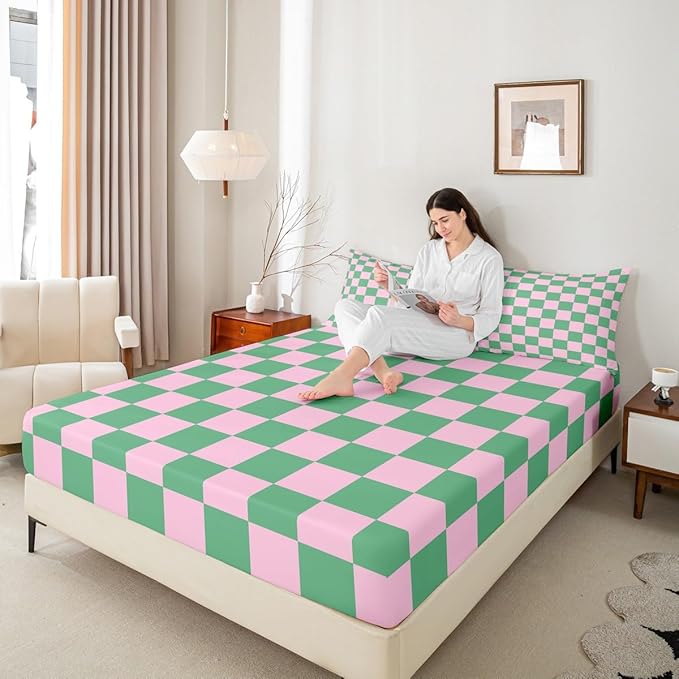 Lattice Boys Girls Bed Sheets,Geometric Plaid Patchwork Room Decor,Simple Modern Abstract Kids Twin Size Fitted Sheet,Pink Green Bedding Set,1 Pillowcase(No Flat)
