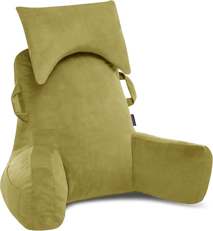 Portable Reading Pillows with Headrest for Bed Sitting Up(Pale Green Oeko-Tex), Velvet Back Pillow with Arms & Pockets for Adults, Support Memory Foam Bed Pillow for Dorm/Watching/Gaming