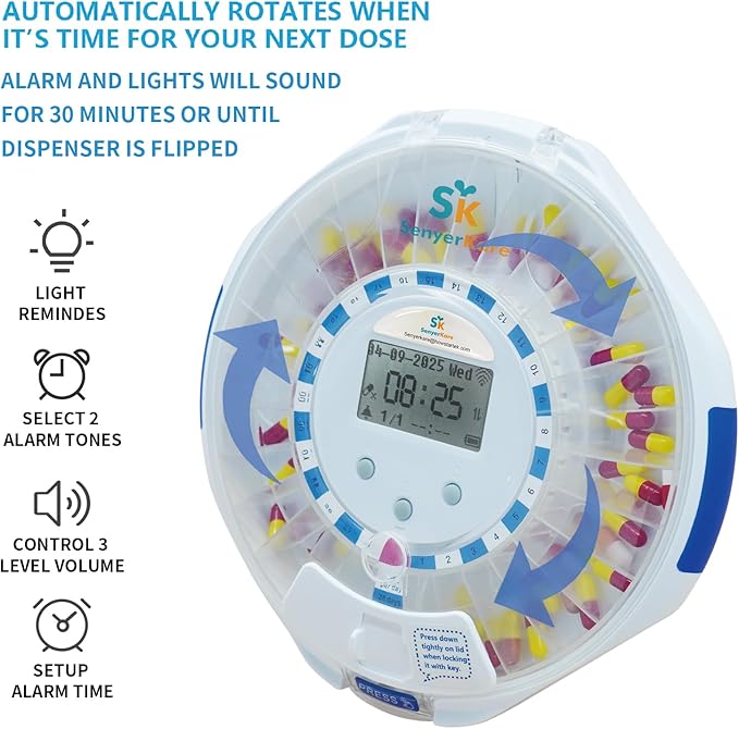 28-Day Smart WiFi Automatic Pill Dispenser w/Sound & Light & App Alerts for Elderly & Alzheimer’s Care, Up to 9 Alarms/Day, Medication Organizer with Lock for Prescriptions & More, Clear