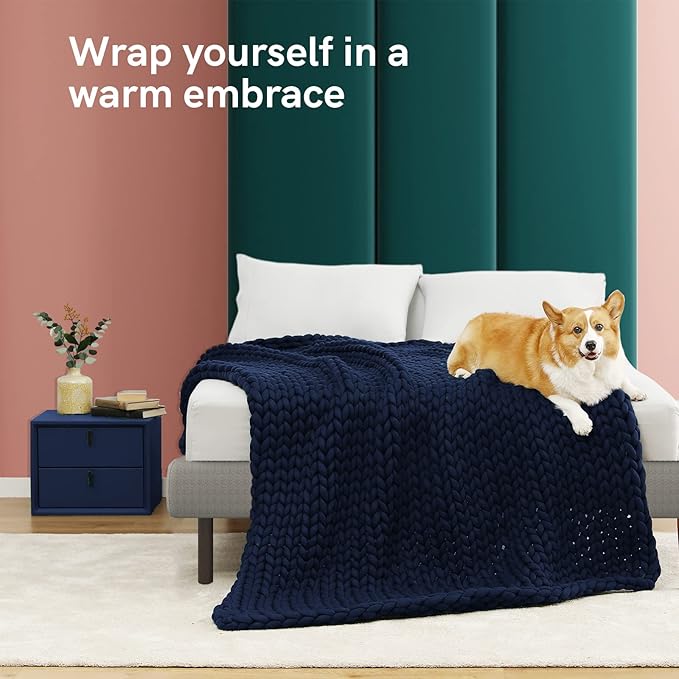 YnM Knitted Weighted Blanket, Hand Made Chunky Knit Weighted Throw Blanket for Sleep, Stress or Home Décor (Navy, 60''x80'' 15lbs), Suit for One Person(~140lb) Use on Twin/Full Bed