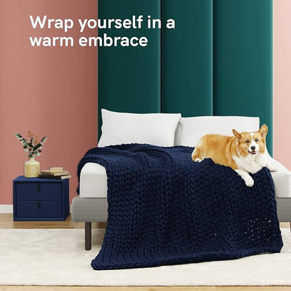 YnM Knitted Weighted Blanket, Hand Made Chunky Knit Weighted Throw Blanket for Sleep, Stress or Home Décor (Navy, 60''x80'' 15lbs), Suit for One Person(~140lb) Use on Twin/Full Bed