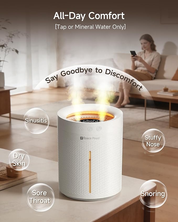 SP SpacePlayer Wireless Humidifier for Bedroom Large Room, 3L Top Fill Cool Mist Ultrasonic, 4000mAh Rechargeable (Cordless), 4 Modes, 23-28dB Quiet, 8H Timer Auto-Off, BPA-Free, Easy Fill Clean