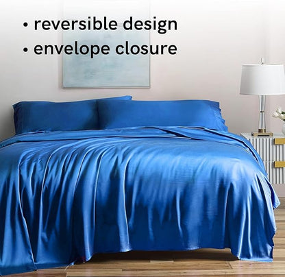 YnM Cooling Bed Sheet Set with 100 Percent Rayon Derived from Bamboo, 400TC Fabric with 2 Pillowcases and Flat Sheet, Deep Pocket Fit 19'', Silky-Soft & Sweat Wicking, 4 Piece (Queen, Dark Blue)