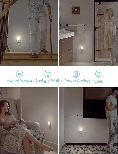 L LOHAS LED Motion Sensor Night Light Plug in, Motion Activated Night Light, 5000K Daylight White, Night Lights Plug Into Wall, Adjustable Brightness, Nightlights for Bathroom, Kids, Hallway, 4 Pack
