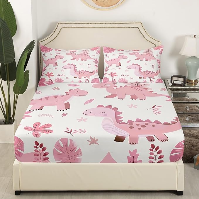Cartoon Dinosaur Kids Fitted Sheet Twin Size,Palm Leaves Tropical Plants Botanical Bedding Set,Boys Girls Room Decor,Cute Dinosaur Vintage Animals Bed Cover,Pink Bed Sheet,1 Pillowcase