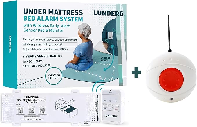 Lunderg Under Mattress Bed Alarm System with Call Button, Wireless Bed Sensor Pad (10" x 30") & Pager - Bed Alarms and Fall Prevention for Elderly